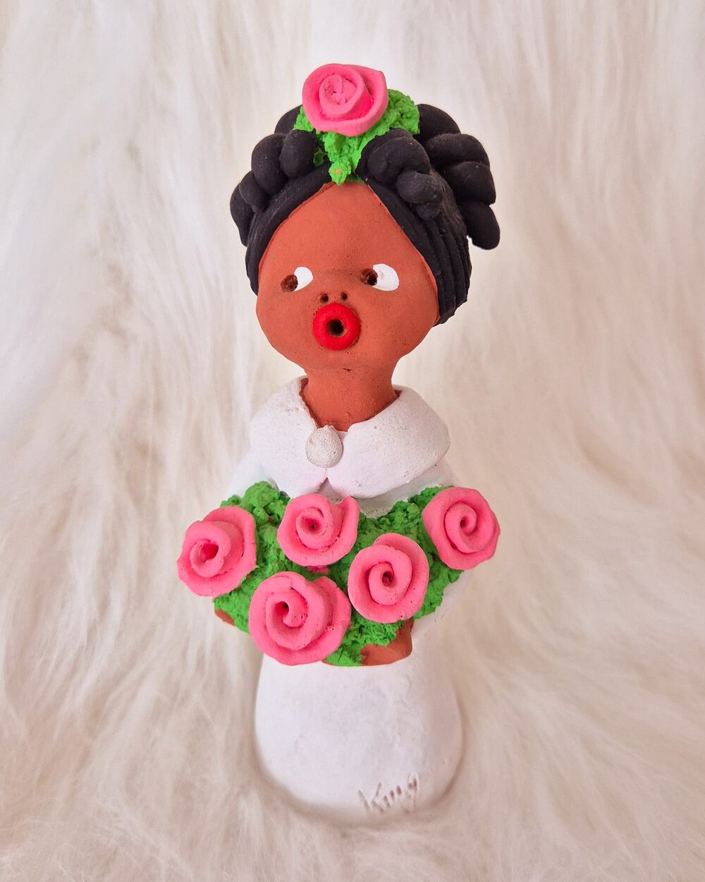 Brazilian Handmade Clay Woman Figurine with Pink Roses Signed Killy Folk Art
